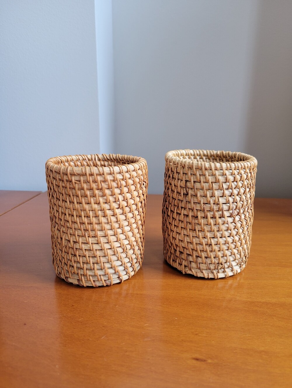 Set of 2 Woven Rattan Pencil Holders Organizer Cups